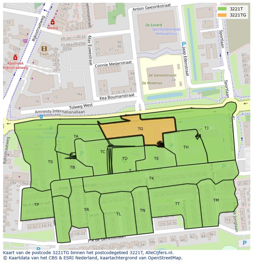 Afbeelding van het postcodegebied 3221 TG op de kaart.