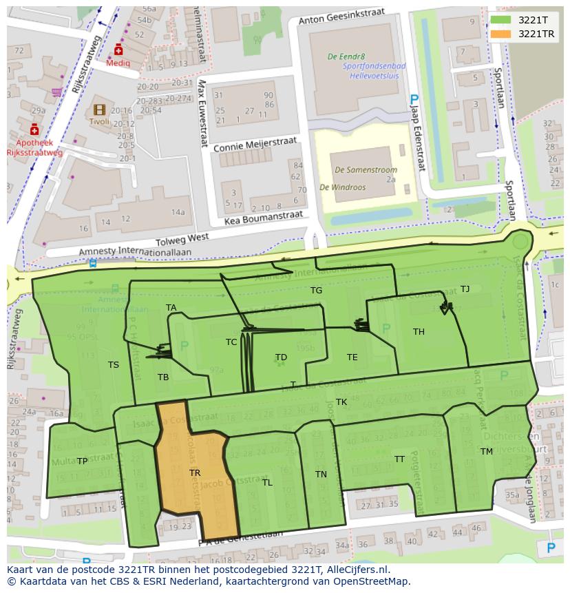 Afbeelding van het postcodegebied 3221 TR op de kaart.