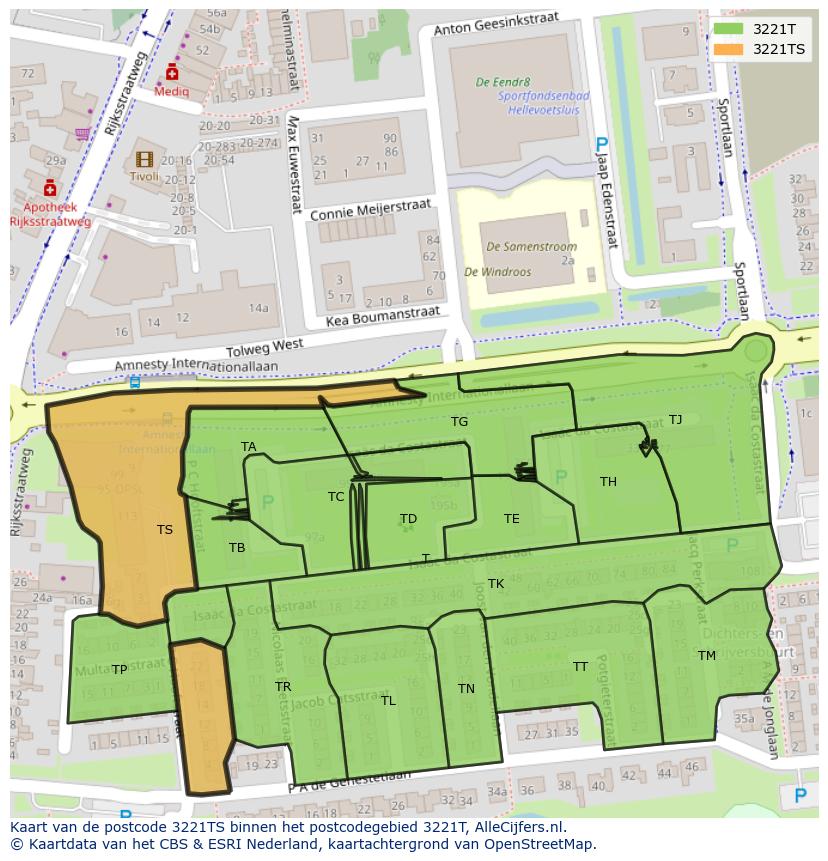 Afbeelding van het postcodegebied 3221 TS op de kaart.