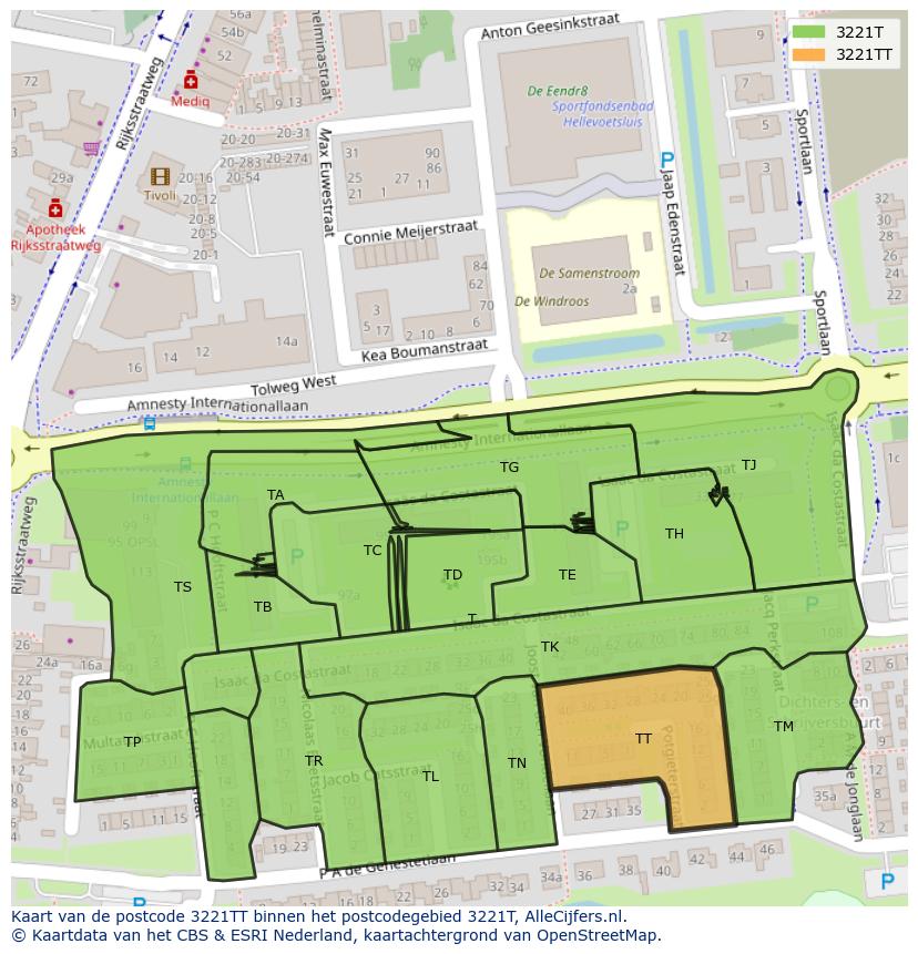 Afbeelding van het postcodegebied 3221 TT op de kaart.