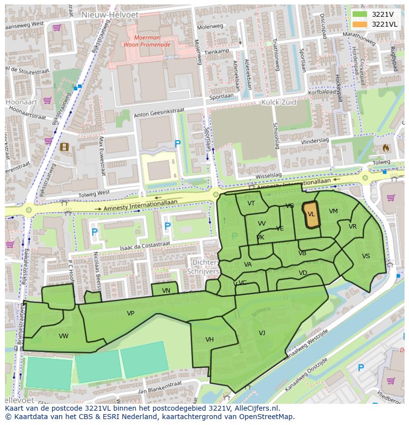 Afbeelding van het postcodegebied 3221 VL op de kaart.