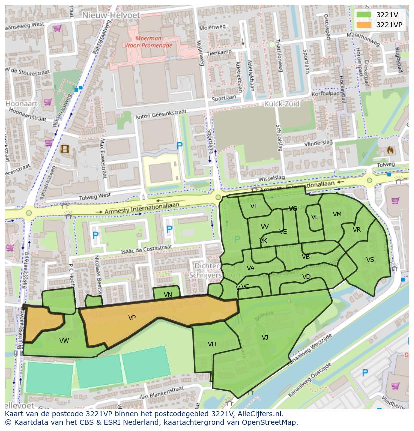 Afbeelding van het postcodegebied 3221 VP op de kaart.