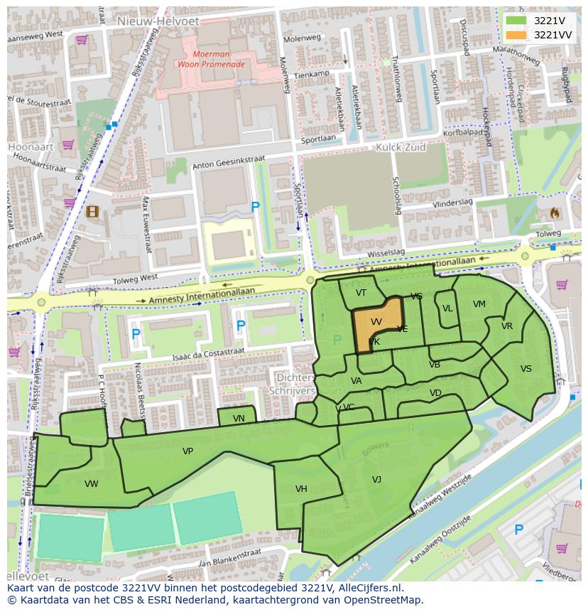 Afbeelding van het postcodegebied 3221 VV op de kaart.