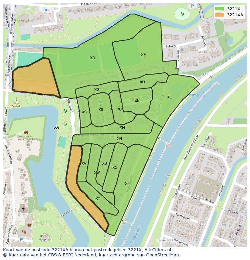 Afbeelding van het postcodegebied 3221 XA op de kaart.