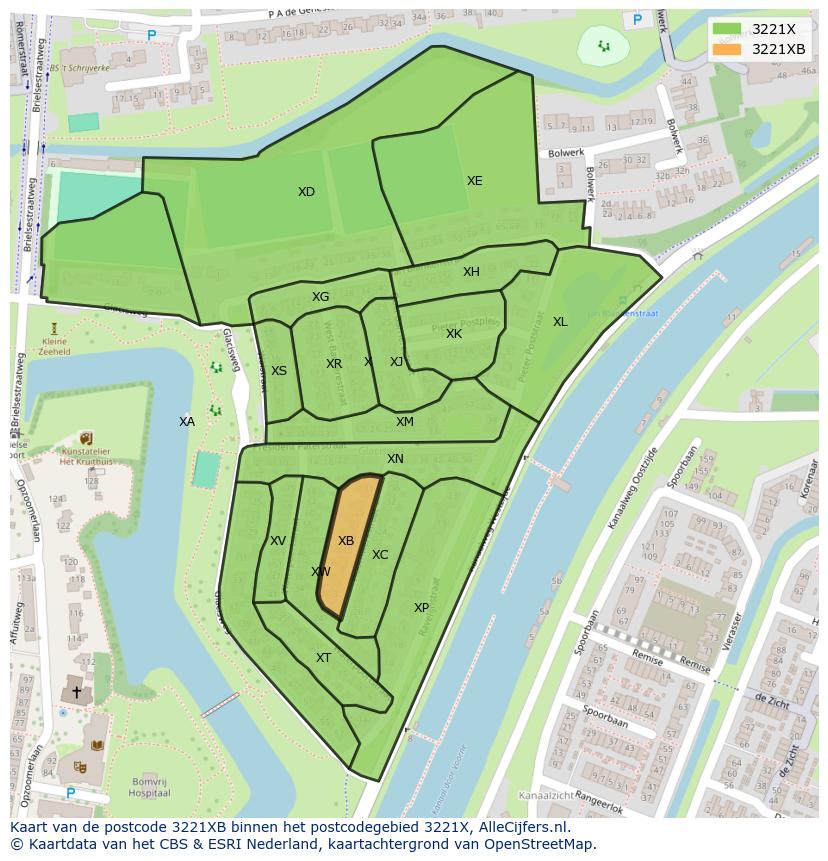 Afbeelding van het postcodegebied 3221 XB op de kaart.