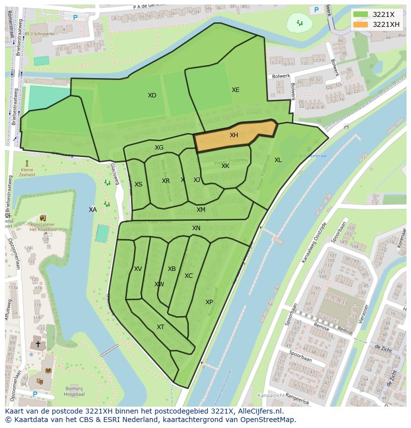Afbeelding van het postcodegebied 3221 XH op de kaart.
