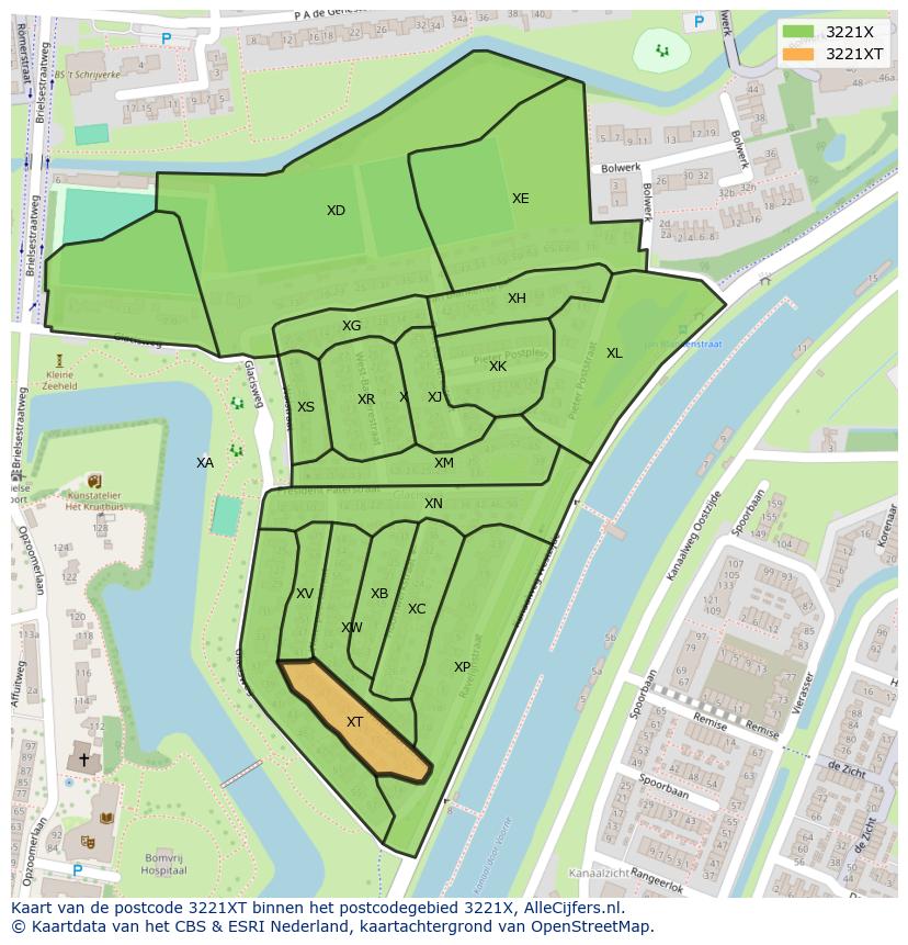 Afbeelding van het postcodegebied 3221 XT op de kaart.