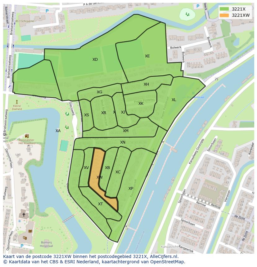 Afbeelding van het postcodegebied 3221 XW op de kaart.
