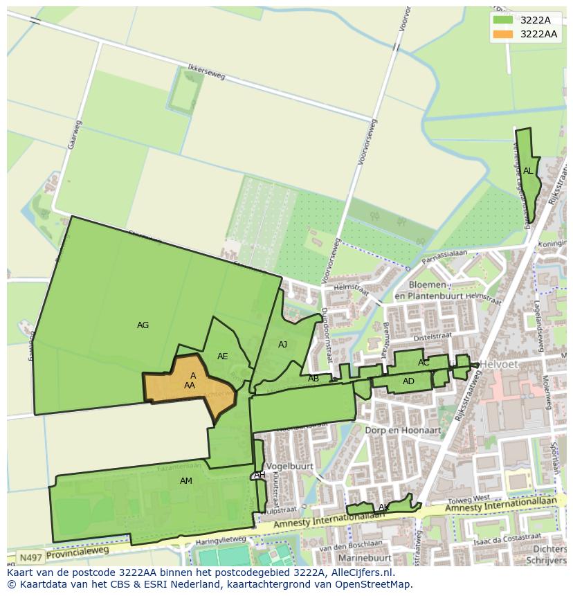 Afbeelding van het postcodegebied 3222 AA op de kaart.