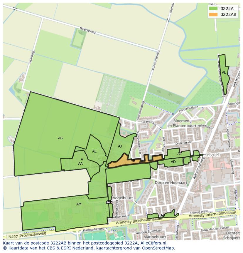Afbeelding van het postcodegebied 3222 AB op de kaart.