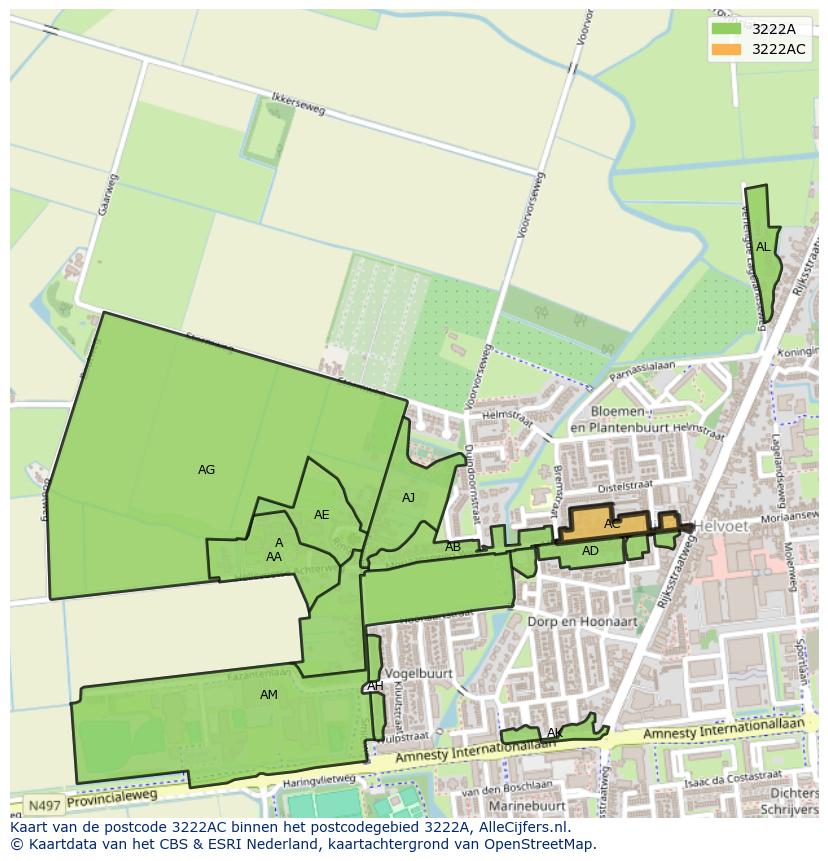 Afbeelding van het postcodegebied 3222 AC op de kaart.