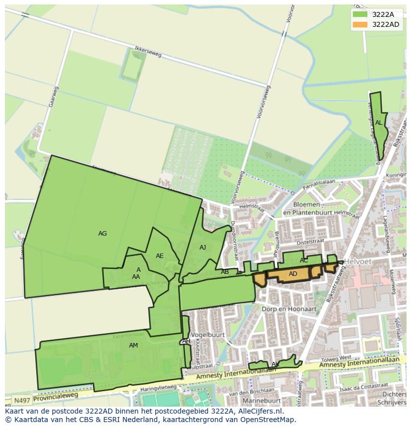 Afbeelding van het postcodegebied 3222 AD op de kaart.