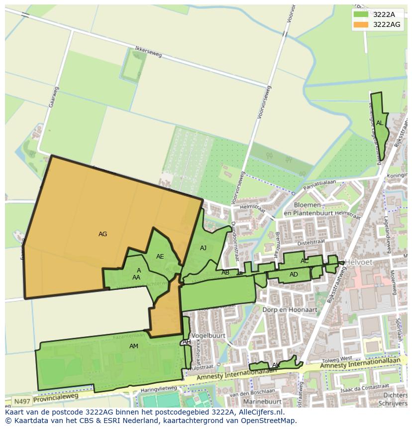 Afbeelding van het postcodegebied 3222 AG op de kaart.