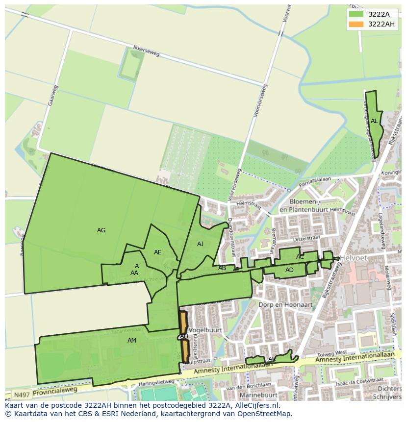 Afbeelding van het postcodegebied 3222 AH op de kaart.