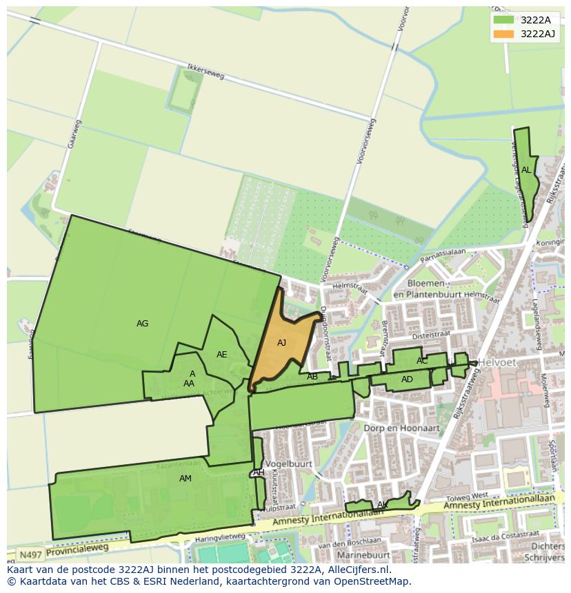 Afbeelding van het postcodegebied 3222 AJ op de kaart.