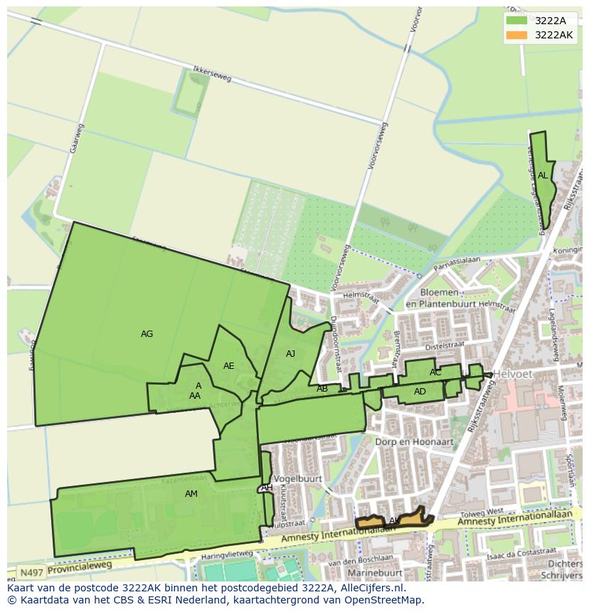 Afbeelding van het postcodegebied 3222 AK op de kaart.