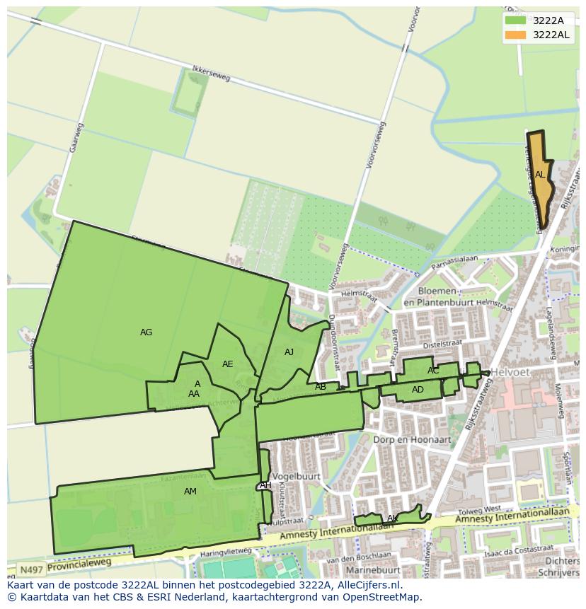 Afbeelding van het postcodegebied 3222 AL op de kaart.