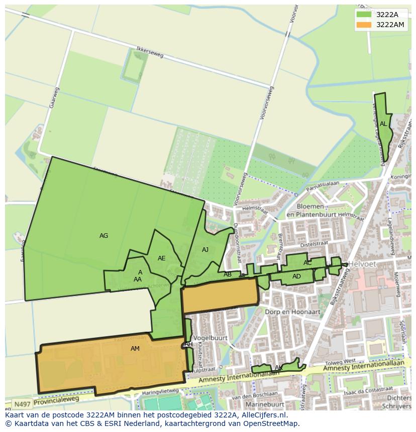Afbeelding van het postcodegebied 3222 AM op de kaart.