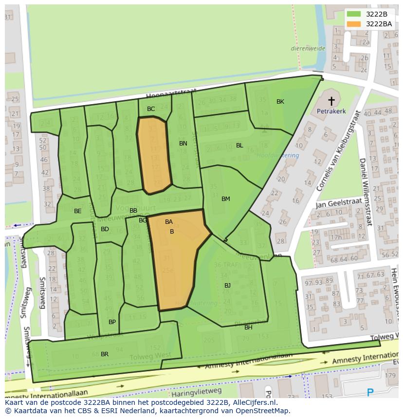 Afbeelding van het postcodegebied 3222 BA op de kaart.