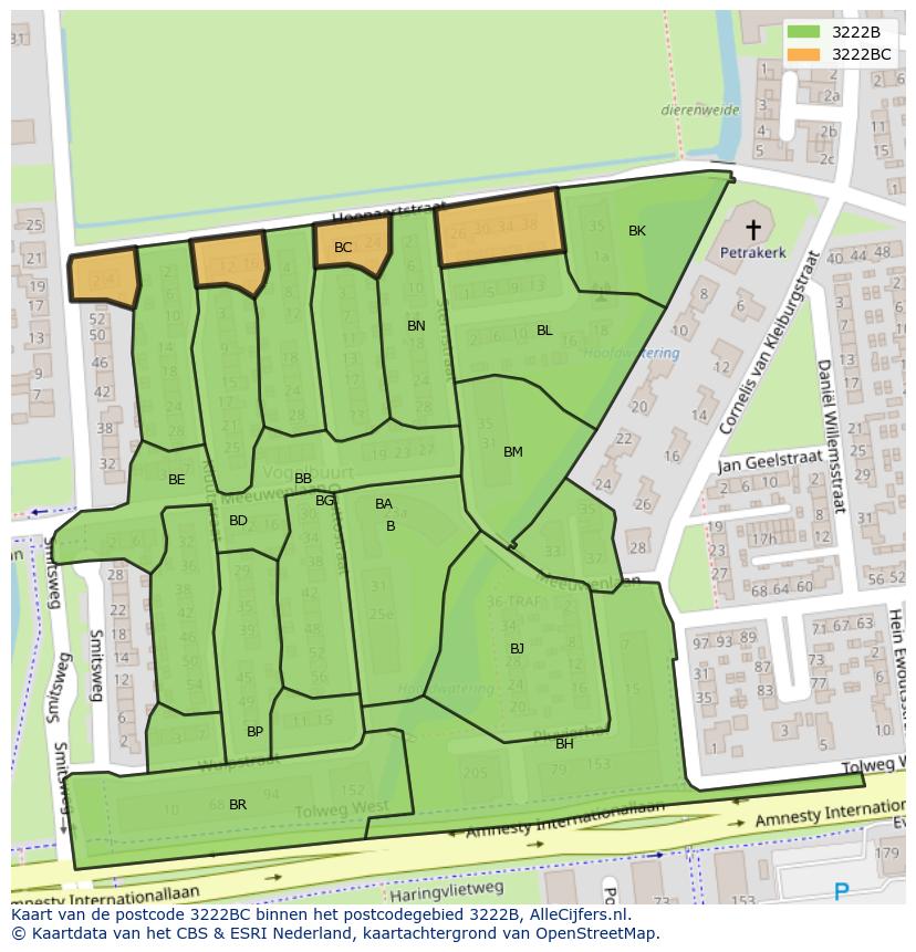 Afbeelding van het postcodegebied 3222 BC op de kaart.