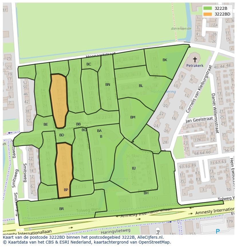 Afbeelding van het postcodegebied 3222 BD op de kaart.