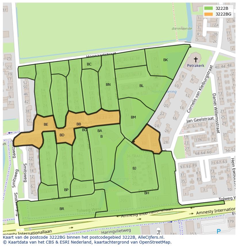 Afbeelding van het postcodegebied 3222 BG op de kaart.