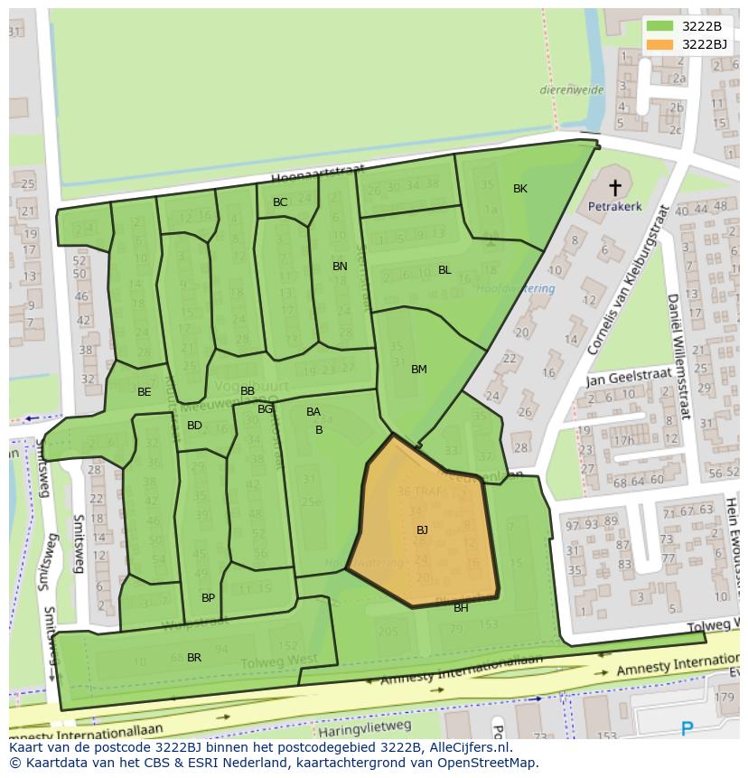 Afbeelding van het postcodegebied 3222 BJ op de kaart.