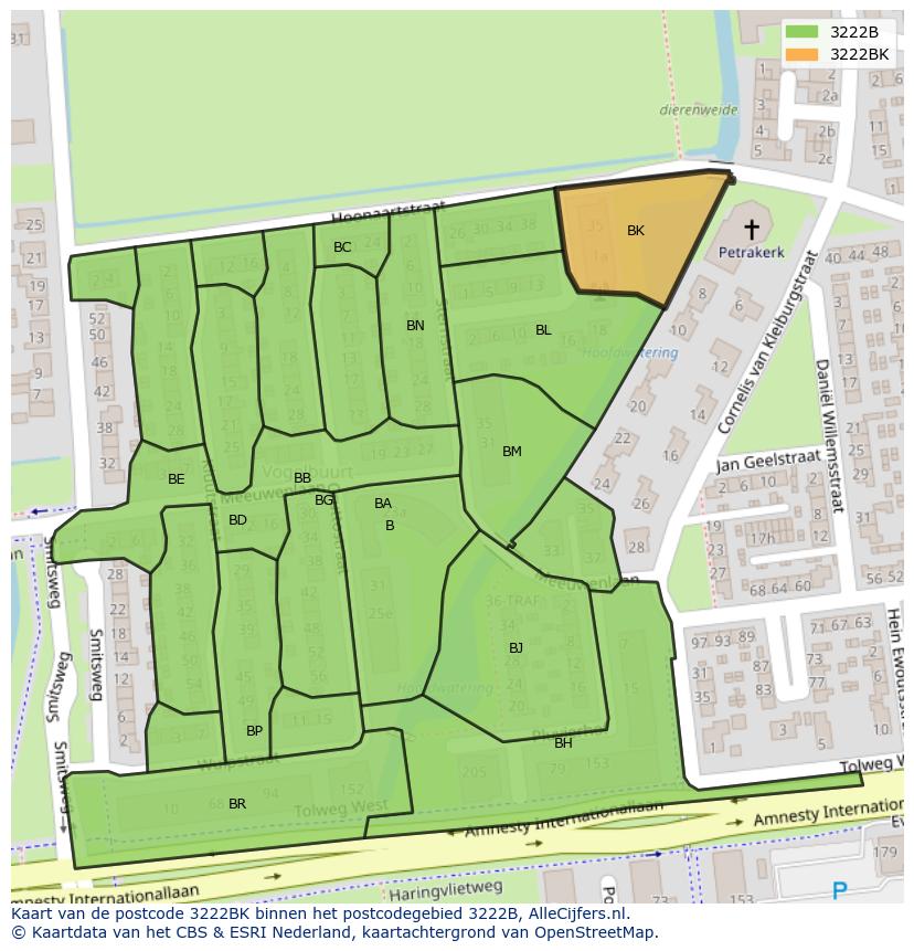 Afbeelding van het postcodegebied 3222 BK op de kaart.