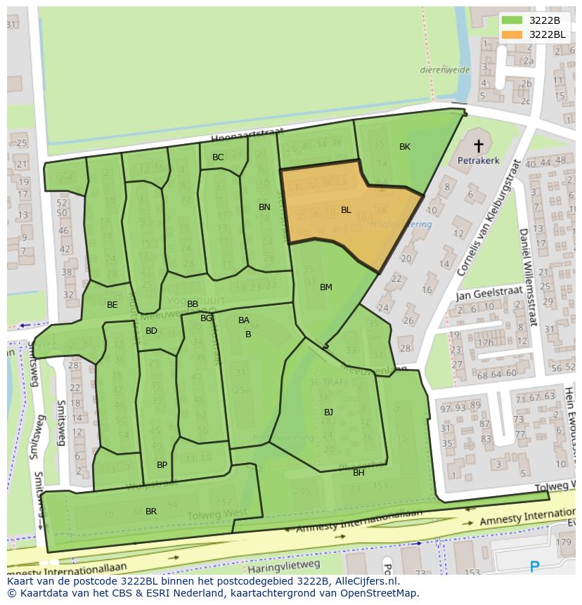 Afbeelding van het postcodegebied 3222 BL op de kaart.