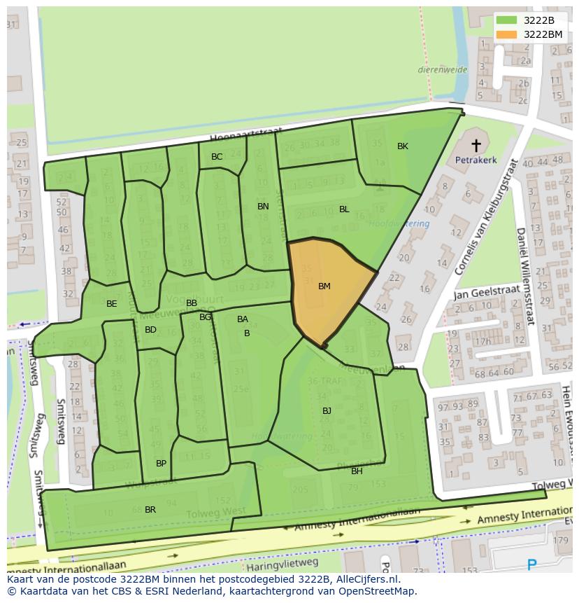 Afbeelding van het postcodegebied 3222 BM op de kaart.
