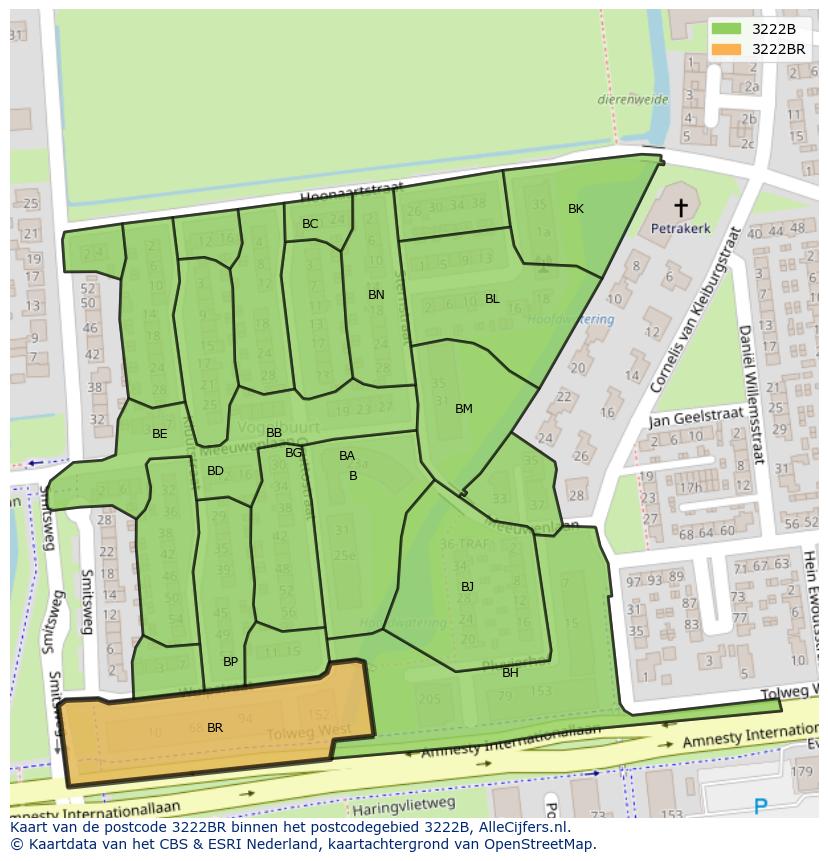 Afbeelding van het postcodegebied 3222 BR op de kaart.