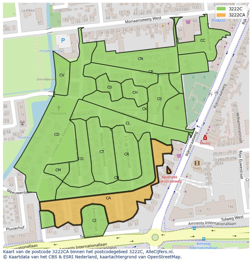 Afbeelding van het postcodegebied 3222 CA op de kaart.
