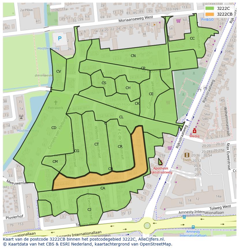Afbeelding van het postcodegebied 3222 CB op de kaart.