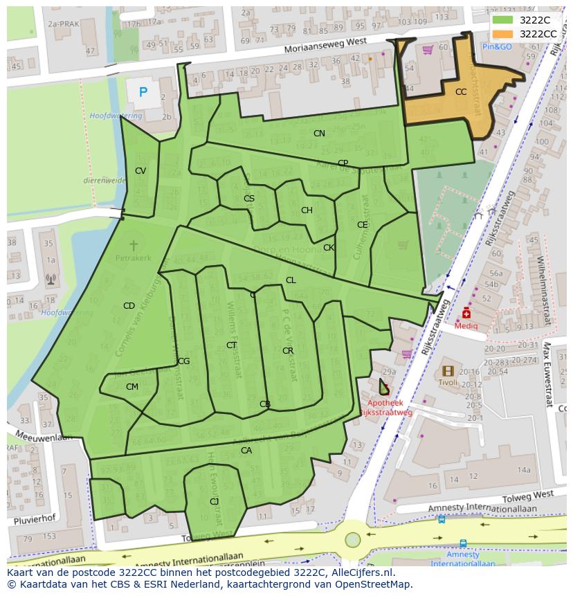 Afbeelding van het postcodegebied 3222 CC op de kaart.