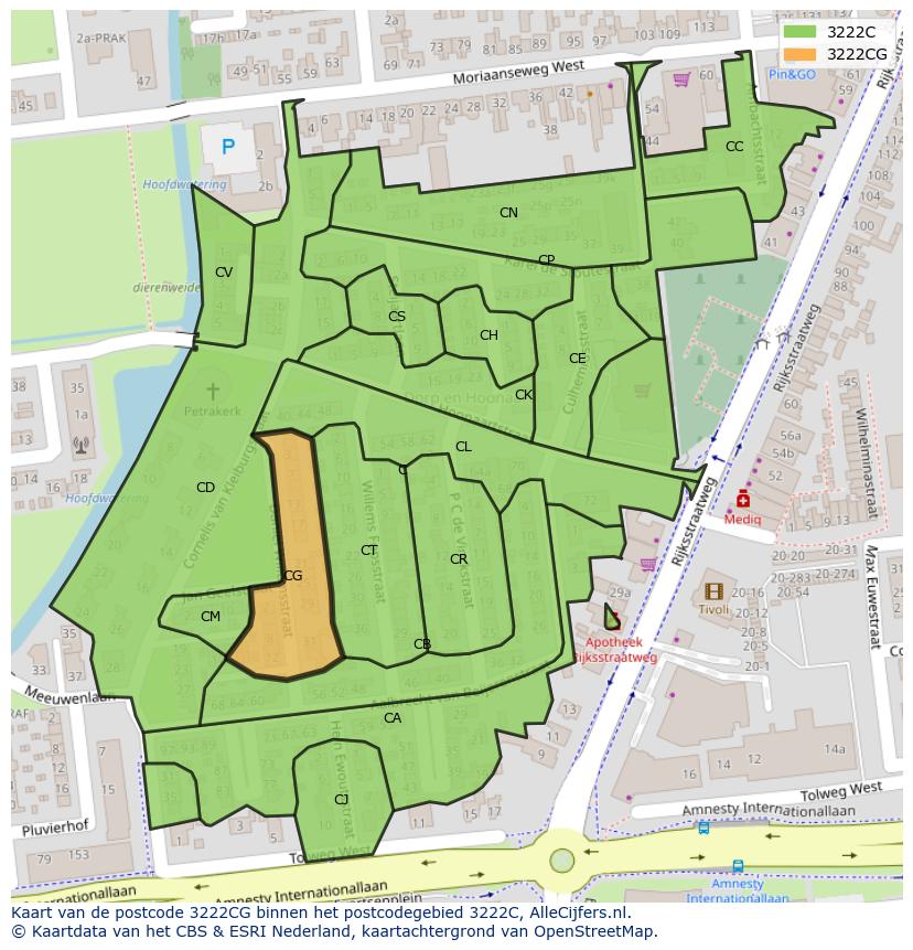 Afbeelding van het postcodegebied 3222 CG op de kaart.