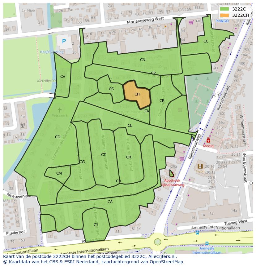 Afbeelding van het postcodegebied 3222 CH op de kaart.
