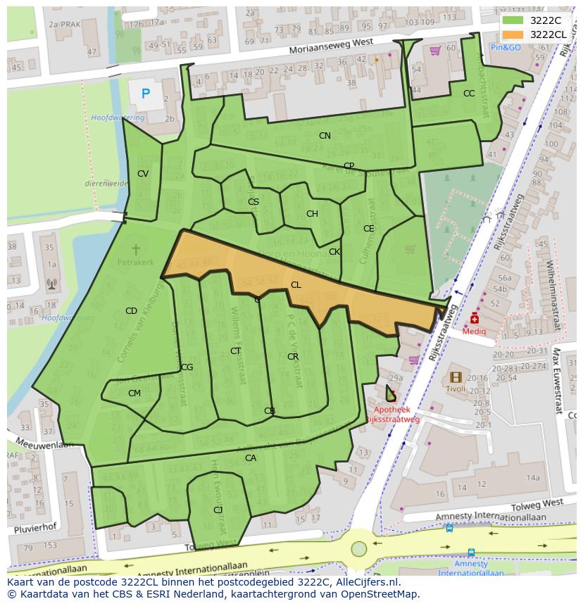 Afbeelding van het postcodegebied 3222 CL op de kaart.