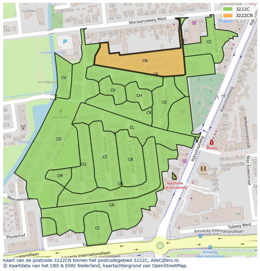 Afbeelding van het postcodegebied 3222 CN op de kaart.
