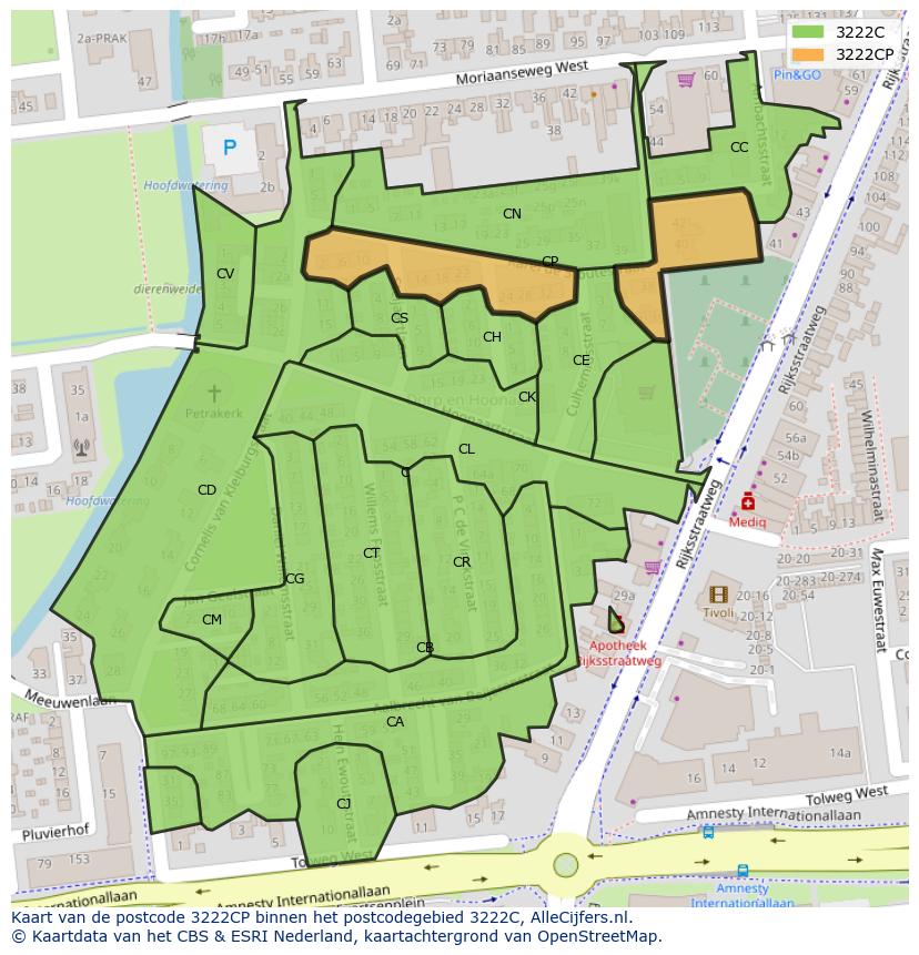 Afbeelding van het postcodegebied 3222 CP op de kaart.