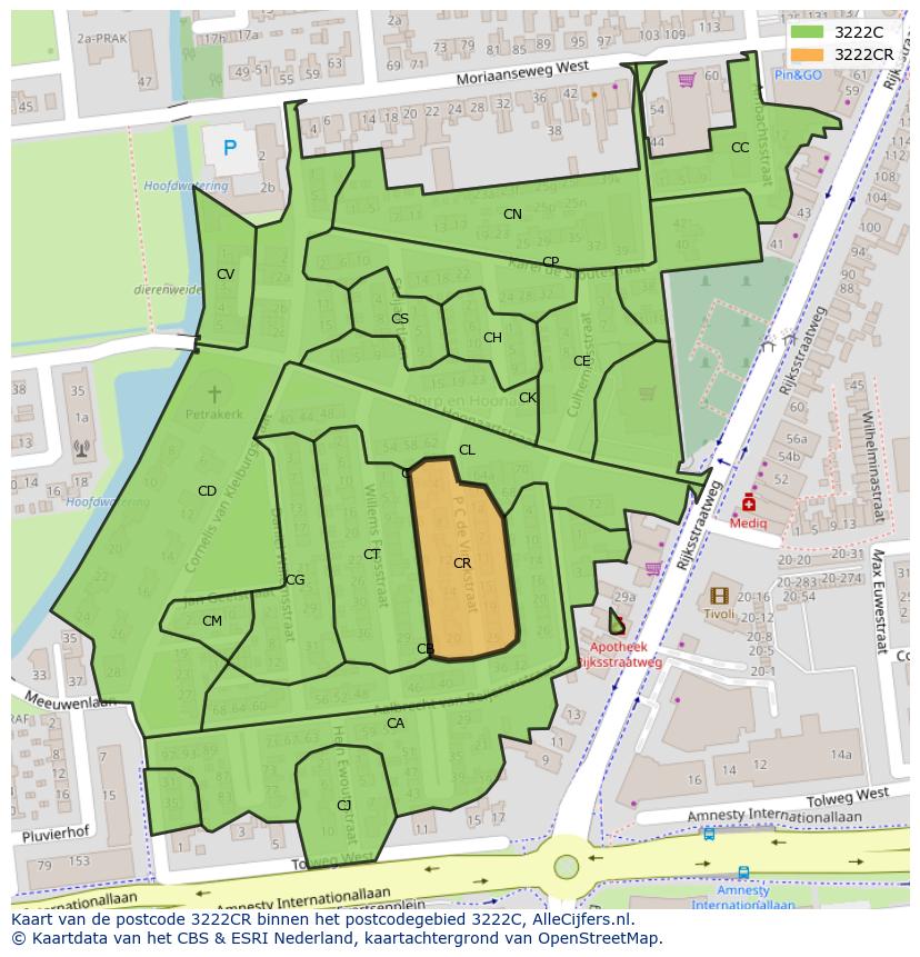 Afbeelding van het postcodegebied 3222 CR op de kaart.