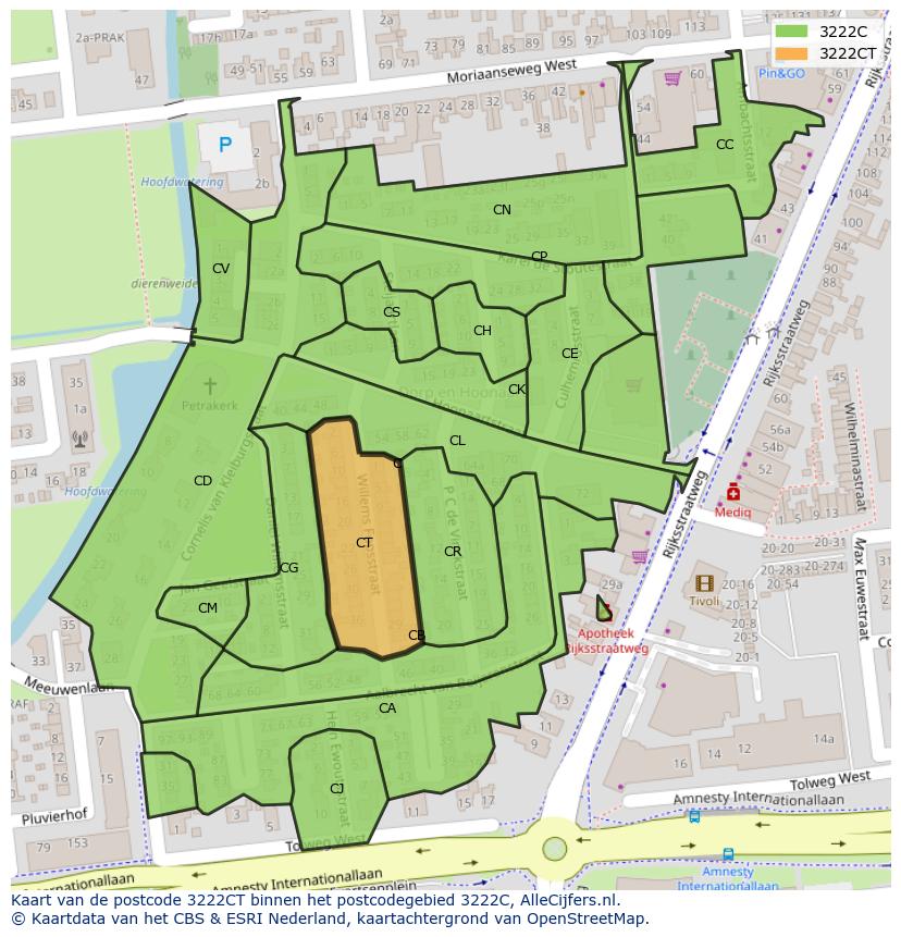 Afbeelding van het postcodegebied 3222 CT op de kaart.