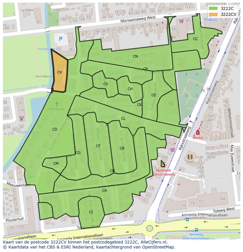 Afbeelding van het postcodegebied 3222 CV op de kaart.