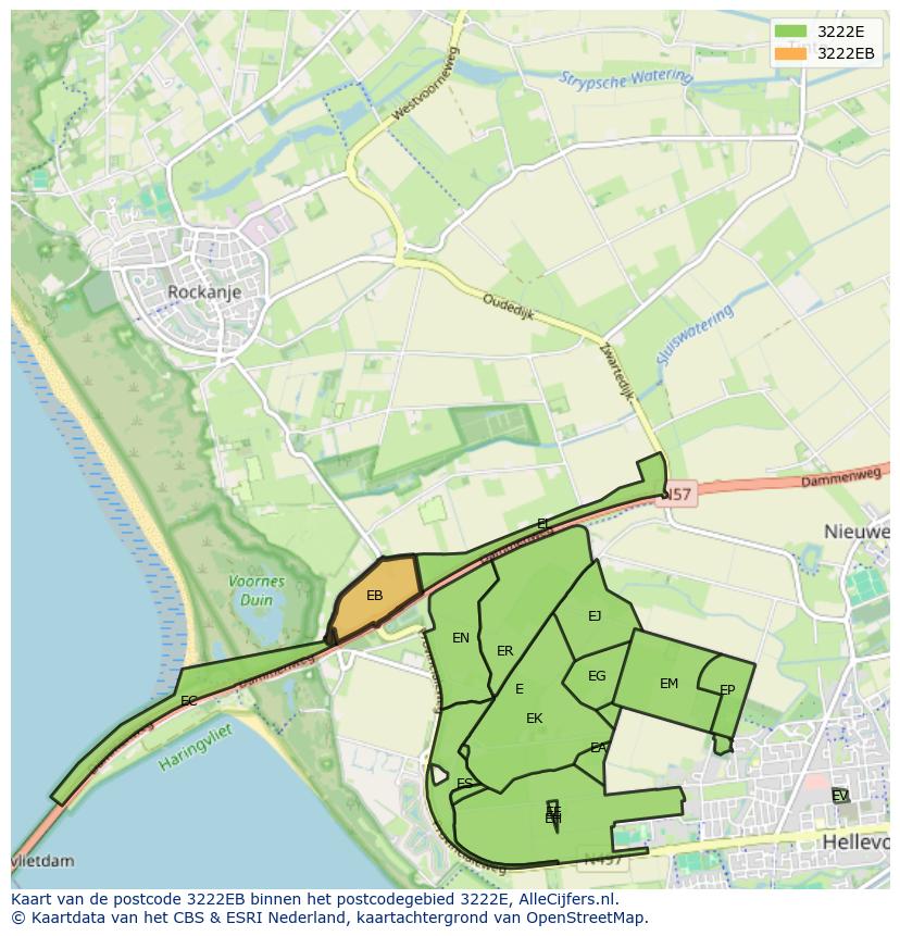 Afbeelding van het postcodegebied 3222 EB op de kaart.