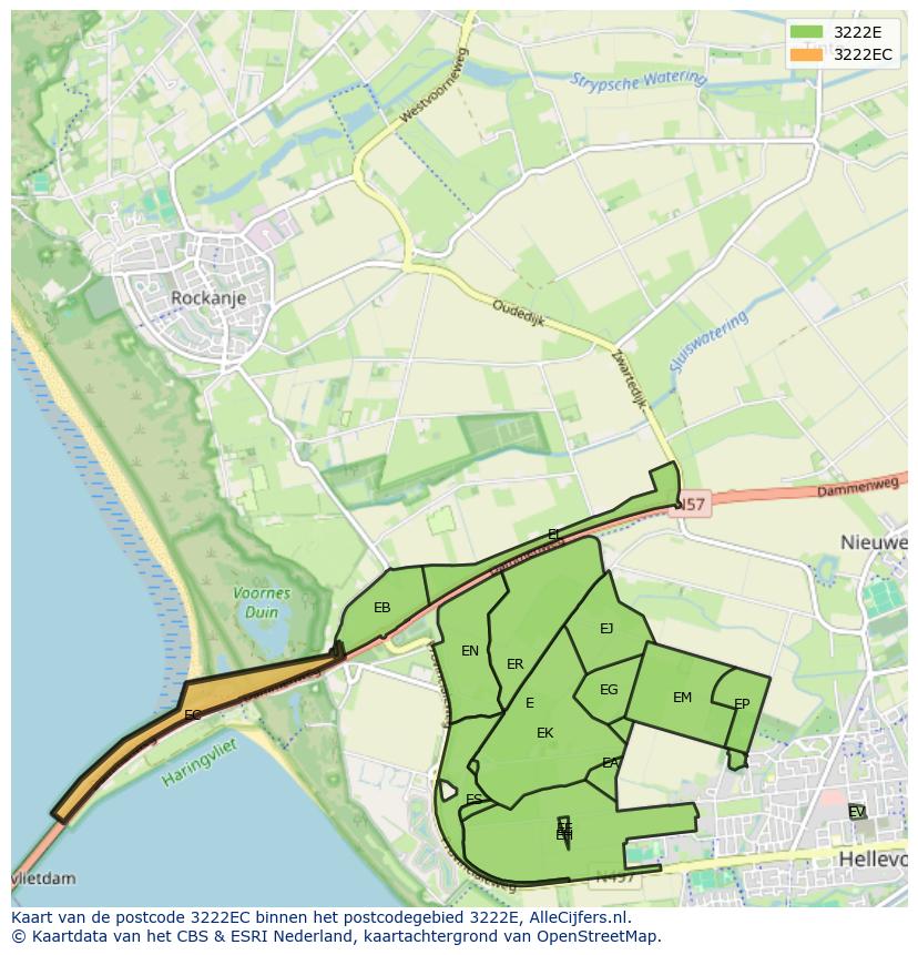 Afbeelding van het postcodegebied 3222 EC op de kaart.