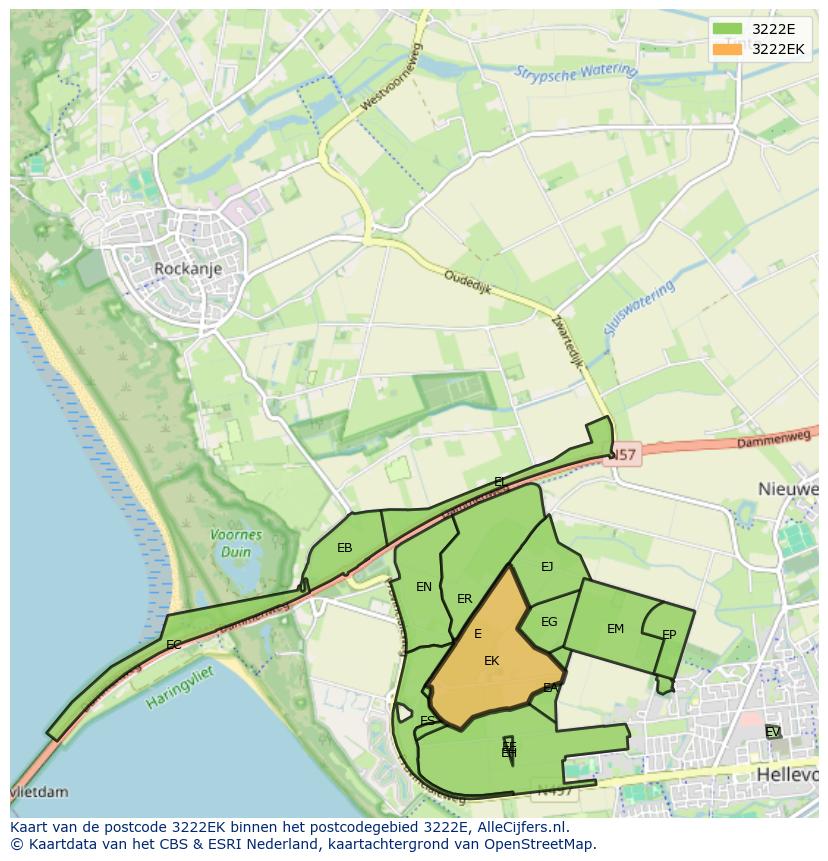 Afbeelding van het postcodegebied 3222 EK op de kaart.