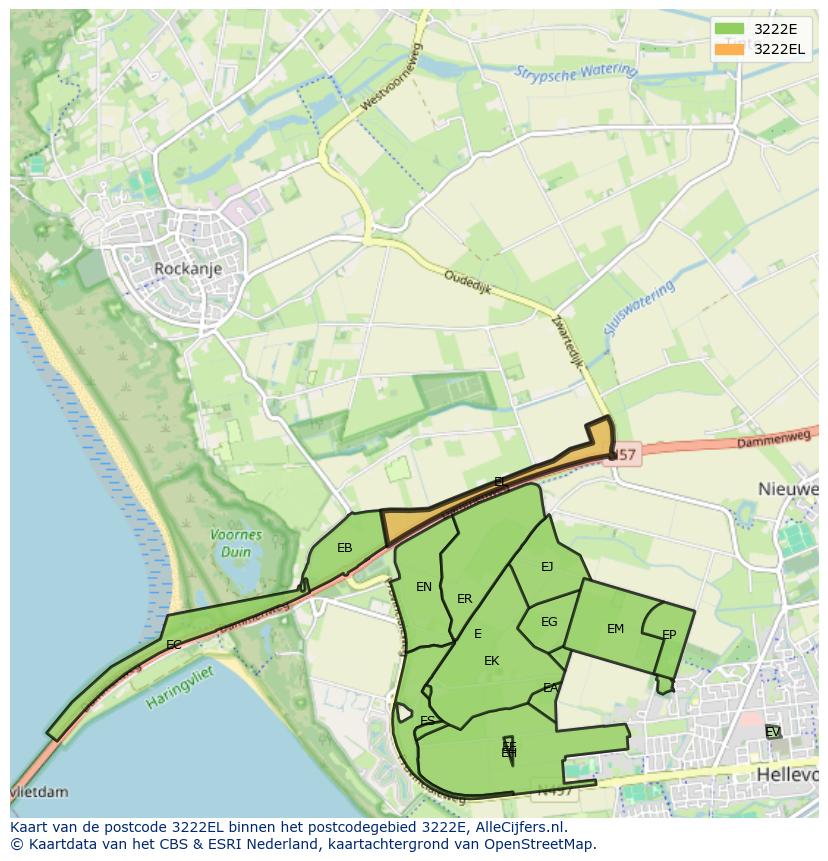 Afbeelding van het postcodegebied 3222 EL op de kaart.