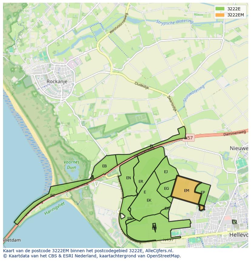 Afbeelding van het postcodegebied 3222 EM op de kaart.