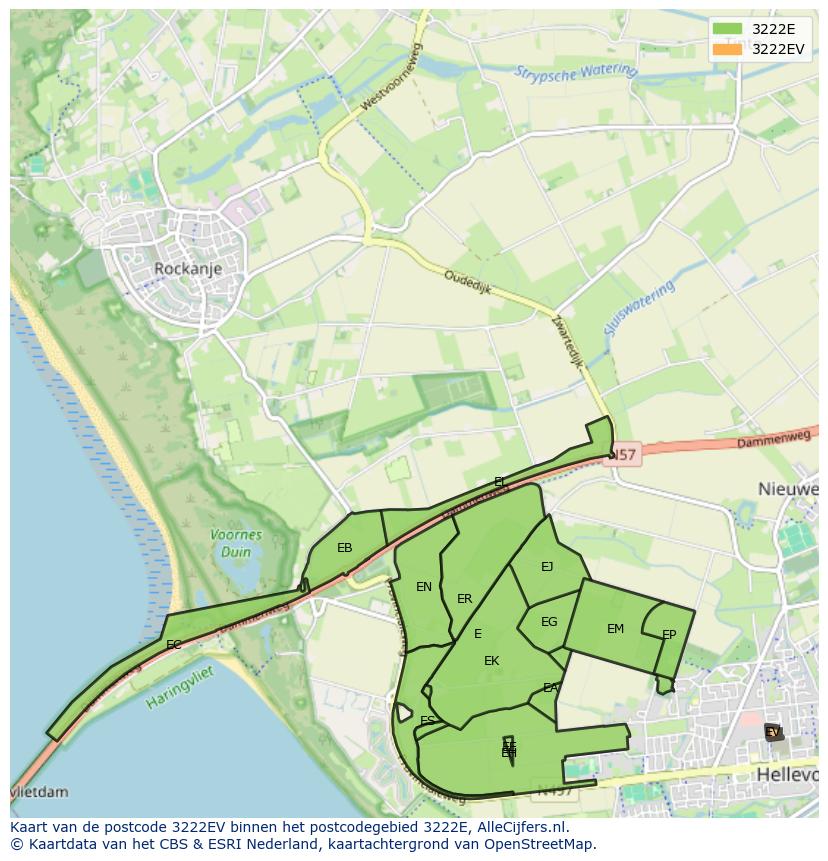 Afbeelding van het postcodegebied 3222 EV op de kaart.