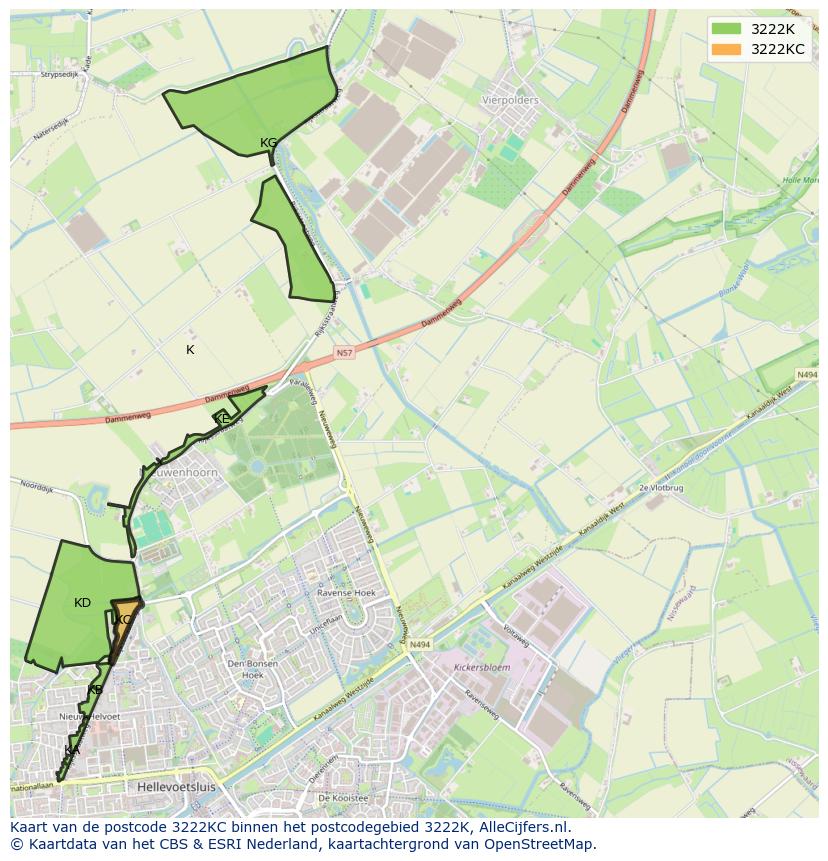 Afbeelding van het postcodegebied 3222 KC op de kaart.