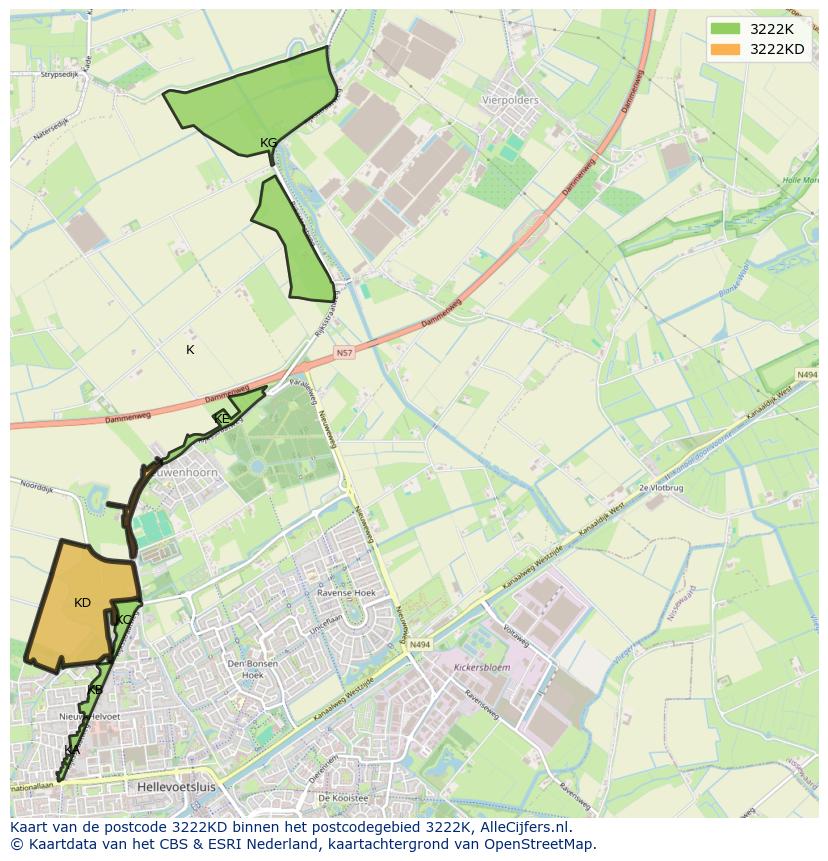 Afbeelding van het postcodegebied 3222 KD op de kaart.